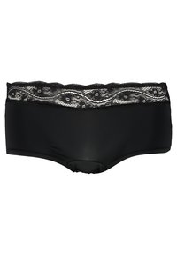 Black hipster panties with a wide lace waistband featuring floral patterns. Smooth fabric, full coverage design, and no additional hardware.