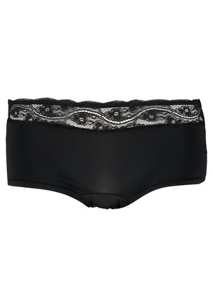 Zwarte hipster onderbroek met een brede kanten tailleband met bloemenpatronen. Gladde stof, ontwerp met volledige dekking en geen extra hardware.