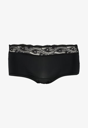 Svart hipster-truse med bred blondekant som har blomsterdesign. Glatt stoff, design med full dekning, og ingen ekstra maskinvare.