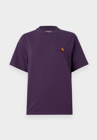 Paars T-shirt met korte mouwen van Carhartt, met een ronde hals en een klein geel en rood logo op de linker borst.