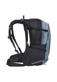 Zaino con una base nera e accenti azzurri, dotato di numerose tasche con zip, imbottitura in rete e spallacci ergonomici.