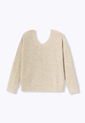 Pull beige côtelé avec un large col en V, des épaules tombantes et une coupe décontractée. Il présente des détails subtils le long du devant central.