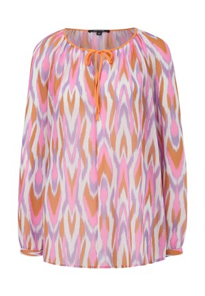 Bluzka z długim rękawem w lekkim materiale, z kolorowym abstrakcyjnym wzorem w odcieniach różu, fioletu i pomarańczy, z haftowanym dekoltem z wiązaniem.
