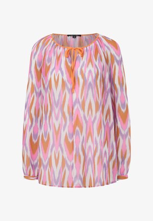 Bluzka z długim rękawem w lekkim materiale, z kolorowym abstrakcyjnym wzorem w odcieniach różu, fioletu i pomarańczy, z haftowanym dekoltem z wiązaniem.