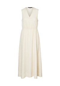 Helles Beige, ärmelloses Maxikleid mit V-Ausschnitt, elastischem Bund und strukturiertem Stoff, der dezente Muster aufweist. Der Saum reicht bis zu den Knöcheln.