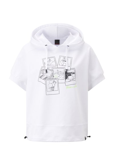 White hoodie with short sleeves, featuring a graphic of multiple black outline photos and green text. Includes drawstrings and adjustable hem.