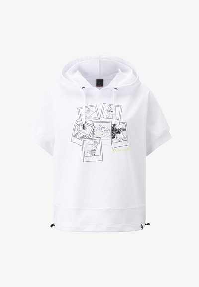 White hoodie with short sleeves, featuring a graphic of multiple black outline photos and green text. Includes drawstrings and adjustable hem.