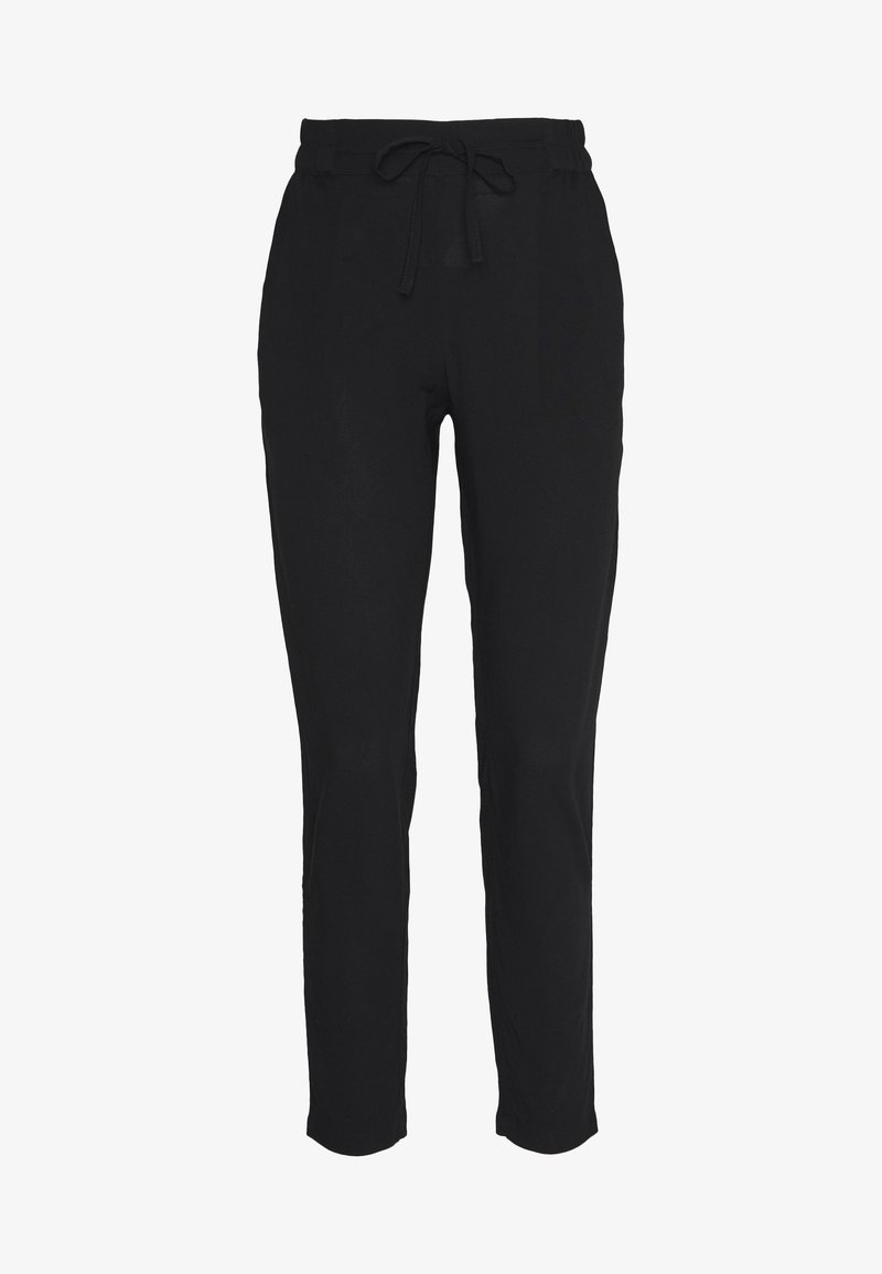 Pantalon noir fuselé avec taille élastique et cordon, conçu pour une coupe slim et un port décontracté.
