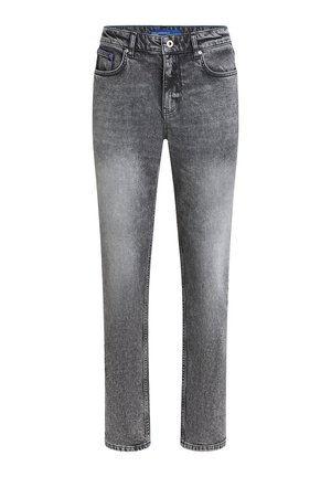 Vyriški džinsai iš pilkos džinsinio audinio, su tiesia kojų forma, mygtuko uždarymu, penkiomis kišenėmis ir subtiliu blukimu, suteikiančiu tekstūrą.