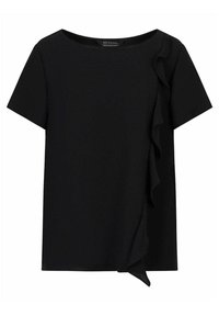 Haut noir à manches courtes avec un col rond. Présente un détail froncé sur le côté gauche. Confectionné dans un tissu lisse avec une coupe régulière.