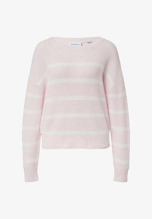 Rosa gestrickter Pullover mit weißen horizontalen Streifen. Verfügt über einen weit ausgeschnittenen Hals, lockere Passform sowie gerippte Säume und Bündchen. Weiche Textur.
