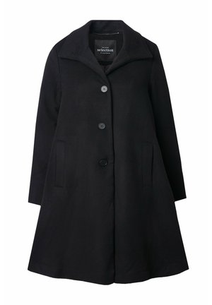 Manteau en mélange de laine noir avec un large revers, fermeture à cinq boutons à l'avant, deux poches latérales et un ourlet évasé pour un ajustement ample.