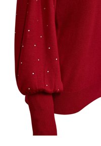 Röd stickad ärm med ribbad mudd och små spridda silverprydnader på tyget, med en puffad design nära handleden.