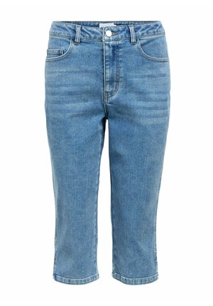 Jean bleu court en denim avec bouton sur le devant, fermeture éclair, passants pour ceinture et conception à cinq poches.