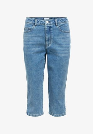 Jean bleu court en denim avec bouton sur le devant, fermeture éclair, passants pour ceinture et conception à cinq poches.