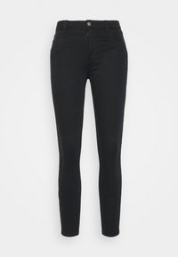 Jeans ajustados negros de denim, con una textura suave, cinco bolsillos, cremallera frontal y cierre de botón.