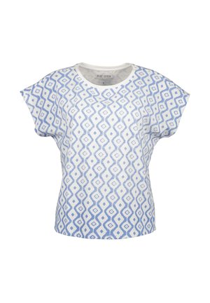 Kortærmet, blå- og hvidmønstret T-shirt med rund hals, der har et diamant- og bølgemønster på et blødt stof.