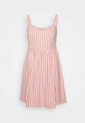 Abito estivo senza maniche con righe verticali rosa e bianche, con un corpetto aderente e una gonna svasata.