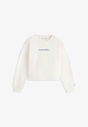 Sweat-shirt court à manches longues blanc avec poignets côtelés et logo "Tommy Hilfiger" brodé en bleu sur la poitrine.