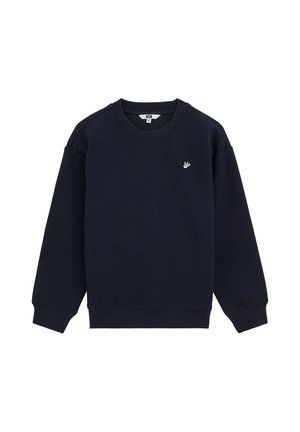 Sweat-shirt bleu marine texturé avec col rond, manches longues et petit logo blanc d'oiseau sur le côté gauche de la poitrine.