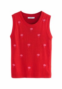 Pull sans manches rouge avec un col et un ourlet côtelés, comportant de petits palmiers roses brodés répartis sur le tissu.