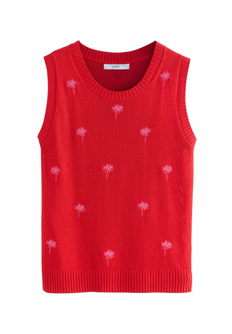 Pull sans manches rouge avec un col et un ourlet côtelés, comportant de petits palmiers roses brodés répartis sur le tissu.