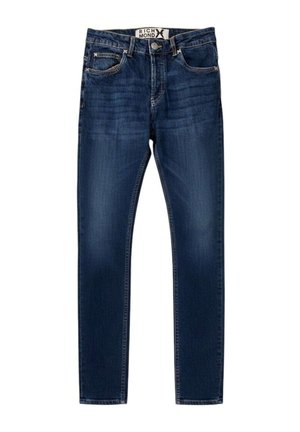 Jeans skinny blu scuro con tasche anteriori e chiusura con bottone, che mostrano un leggero scolorimento ed un'etichetta del marchio Richmond sulla cintura.