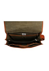 Braune Ledertasche mit innerem hellbraunem Segeltuch, ausgestattet mit mehreren Fächern, Reißverschlüssen und orangefarbenen Akzenten. Strukturiertes und geräumiges Design.
