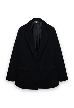 Blazer nero sartoriale con rever a lancia, due tasche frontali con patta e fodera interna setosa, mostrato disteso su sfondo bianco.