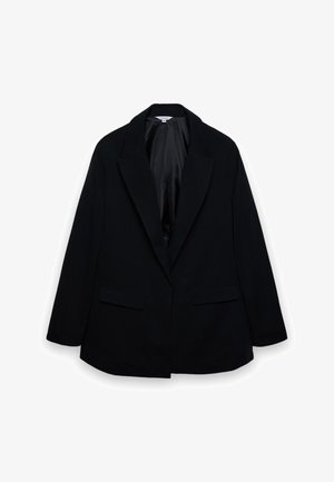 Blazer nero sartoriale con rever a lancia, due tasche frontali con patta e fodera interna setosa, mostrato disteso su sfondo bianco.