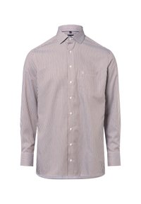 Langarm-Hemd mit braunen und weißen vertikalen Streifen, mit geknöpftem Frontbereich und einer Brusttasche auf weißem Hintergrund.