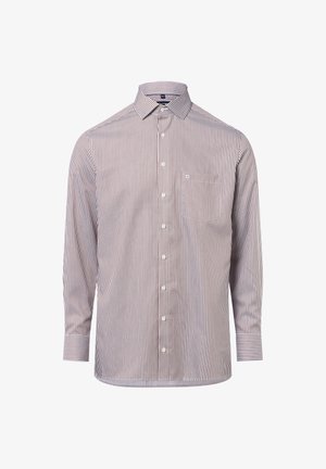 Langarm-Hemd mit braunen und weißen vertikalen Streifen, mit geknöpftem Frontbereich und einer Brusttasche auf weißem Hintergrund.