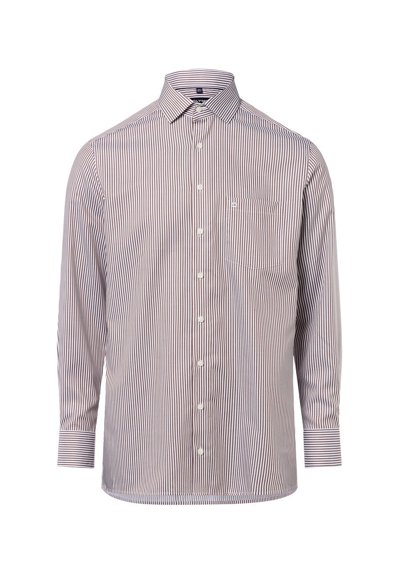 Langarm-Hemd mit braunen und weißen vertikalen Streifen, mit geknöpftem Frontbereich und einer Brusttasche auf weißem Hintergrund.