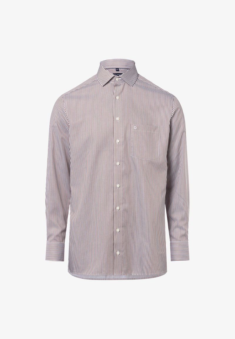 Langarm-Hemd mit braunen und weißen vertikalen Streifen, mit geknöpftem Frontbereich und einer Brusttasche auf weißem Hintergrund.