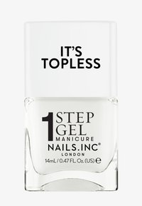 Bottiglia di vetro trasparente di smalto per unghie in gel con tappo bianco. L'etichetta riporta "È SENZA COPERTURA" e "1 PASSO SMALTO PER UNGHIE MANICURE NAILS.INC" in testo nero. Capacità di 14 mL.