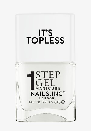 Bouteille en verre transparent de vernis à ongles en gel avec un capuchon blanc. L'étiquette indique "IT'S TOPLESS" et "1 STEP GEL MANICURE NAILS.INC" en texte noir. Capacité de 14 mL.