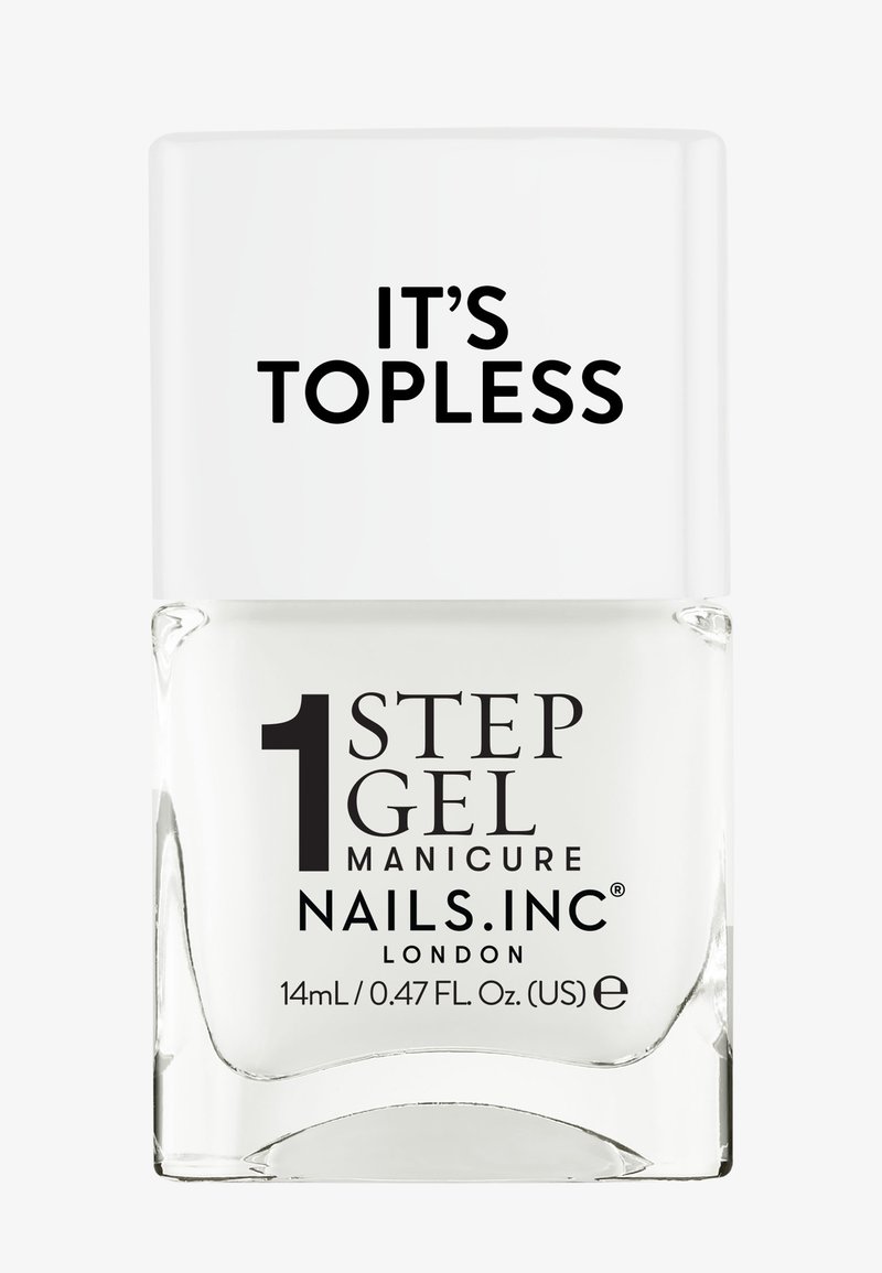 Bottiglia di vetro trasparente di smalto per unghie in gel con tappo bianco. L'etichetta riporta "È SENZA COPERTURA" e "1 PASSO SMALTO PER UNGHIE MANICURE NAILS.INC" in testo nero. Capacità di 14 mL.