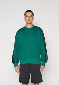 Grøn sweatshirt med tekstureret overflade, rund halsudskæring og sorte stribe detaljer på ærmerne. Har et lille sort logo på brystet.
