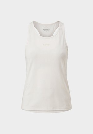 Biele rebrované atletické tielko bez rukávov s logom "BORG" umiestneným v strede na hrudi a s výstrihom do okrúhla.