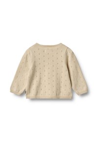 Beige gestrickter Pullover mit rundem Ausschnitt, Dreiviertelärmeln und einem strukturierten Muster aus kleinen Punkten.