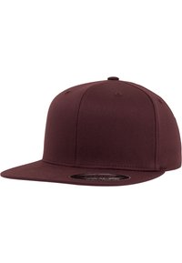 Maroon flat-brim cap made of durable fabric, featuring a structured shape, six-panel design, and stitched accents.