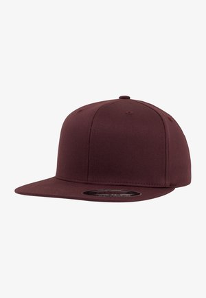 Bordeauxfarbene Flachkappe aus strapazierfähigem Stoff, mit strukturierter Form, Sechsteiligem Design und gestickten Akzenten.