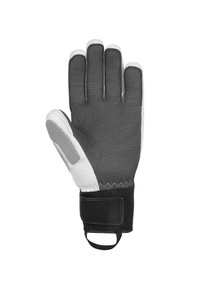 Torwarthandschuh mit einer grauen strukturierten Rückseite, einer weißen gepolsterten Handfläche und einem schwarzen Handgelenkband mit Schlaufe. Verstärktes Fingergriff-Design.