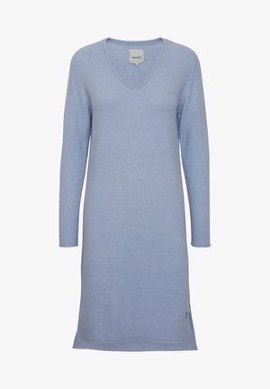 Abito a maniche lunghe, con scollo a V, di colore azzurro chiaro, realizzato in morbido tessuto a maglia. Presenta polsini a coste e un logo discreto sul lato.