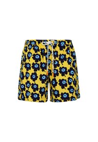 Costume da bagno realizzato in tessuto leggero di un giallo brillante, caratterizzato da un motivo floreale con fiori blu scuro e blu chiaro, vita elastica e cordoncino.