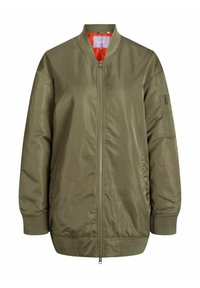 Olive green bomber jacket with front zipper, ribbed collar, cuffs, hem, and a zippered pocket on the left sleeve, orange inner lining.