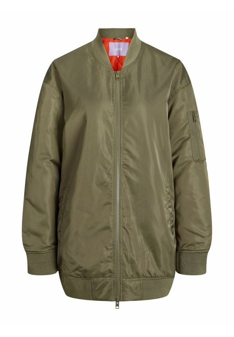Olive green bomber jacket with front zipper, ribbed collar, cuffs, hem, and a zippered pocket on the left sleeve, orange inner lining.