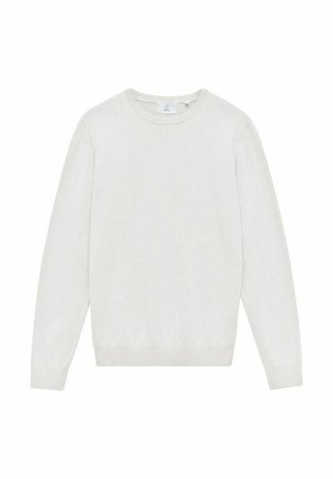 Lichtgrijze gebreide trui met een ronde hals, lange mouwen en een ribgebreide zoom. Zachte textuur en eenvoudig ontwerp zonder zichtbare patronen.