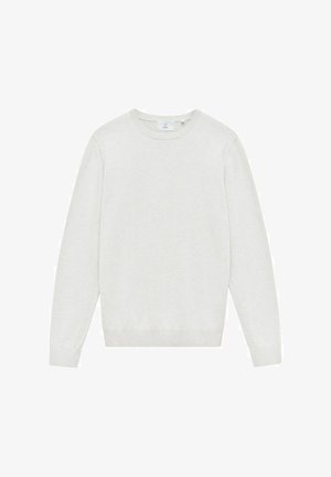 Jasnoszary sweter z dzianiny o okrągłym dekolcie, długich rękawach i ribbowanym wykończeniu. Miękka tekstura i prosty design bez widocznych wzorów.