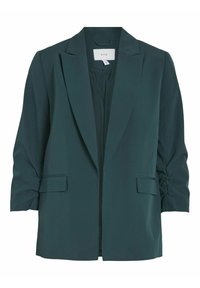 Blazer vert foncé à texture douce, avec un col à revers cranté, deux poches avant et un détail froncé sur les manches.